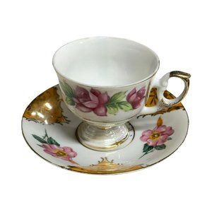 Lusterware Flower Pedestal Demitasse Tea Cup +‎ Saucer Set Japan Gold Iridescent